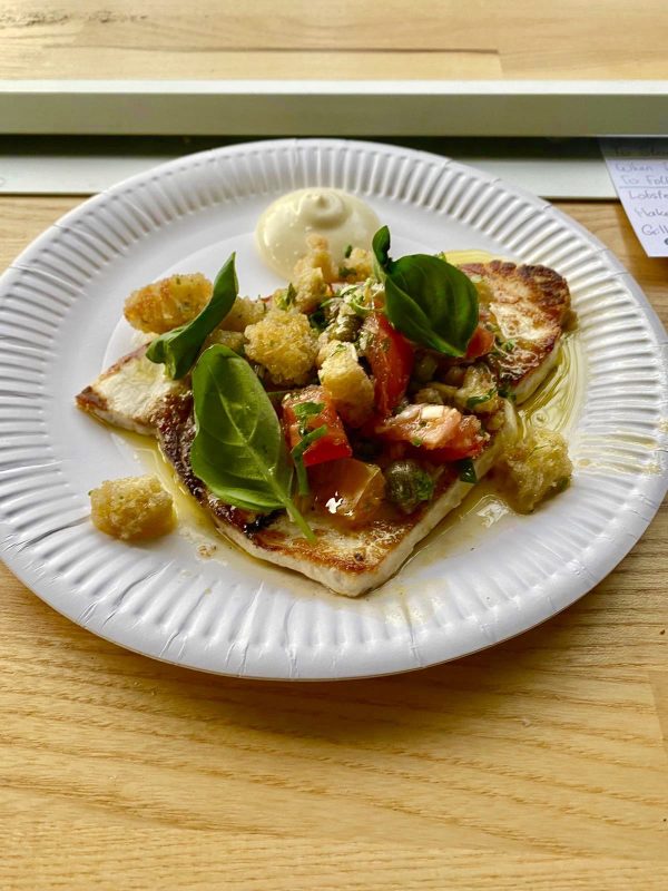 Irish Swordfish, panzanella <br> salad, Yuzu Aioli
